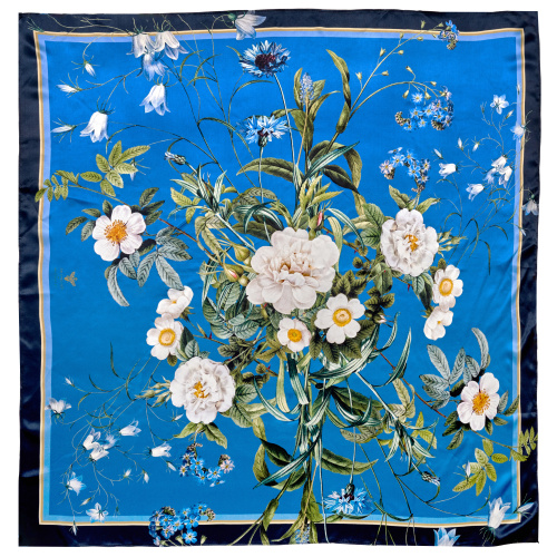 Jim Lyngvild zijden sjaal, 100x100 - Blue Flower Garden