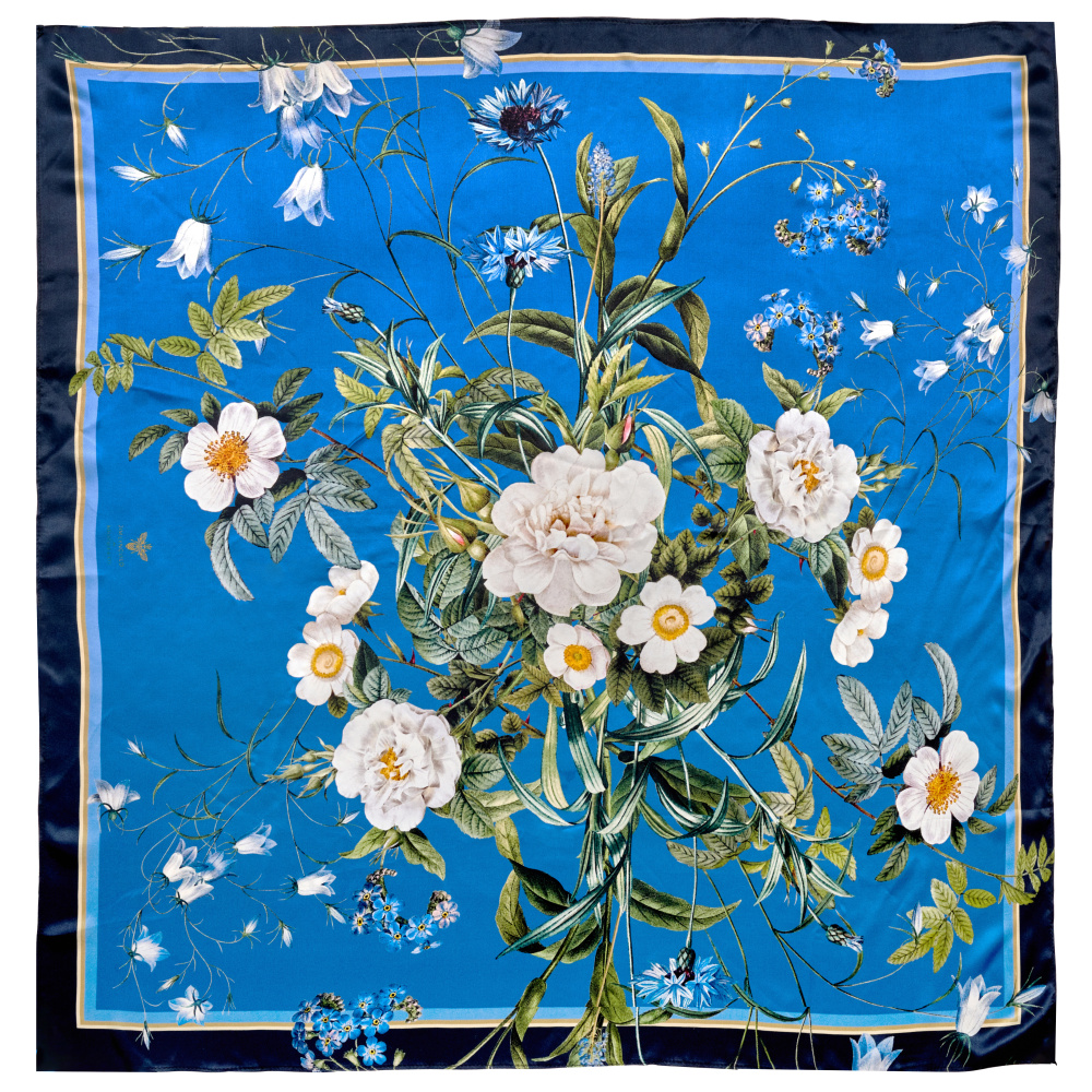 Jim Lyngvild zijden sjaal, 100x100 - Blue Flower Garden