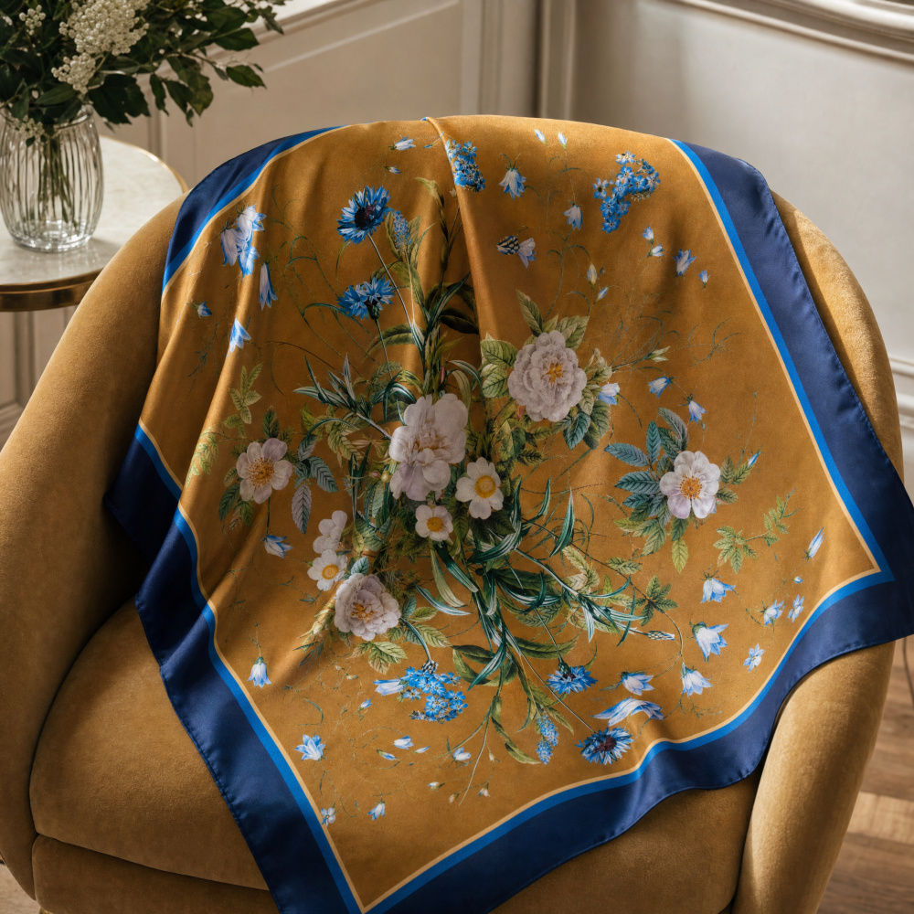 Jim Lyngvild zijden sjaal, 100x100 - Blue Flower Garden - Afbeelding 5