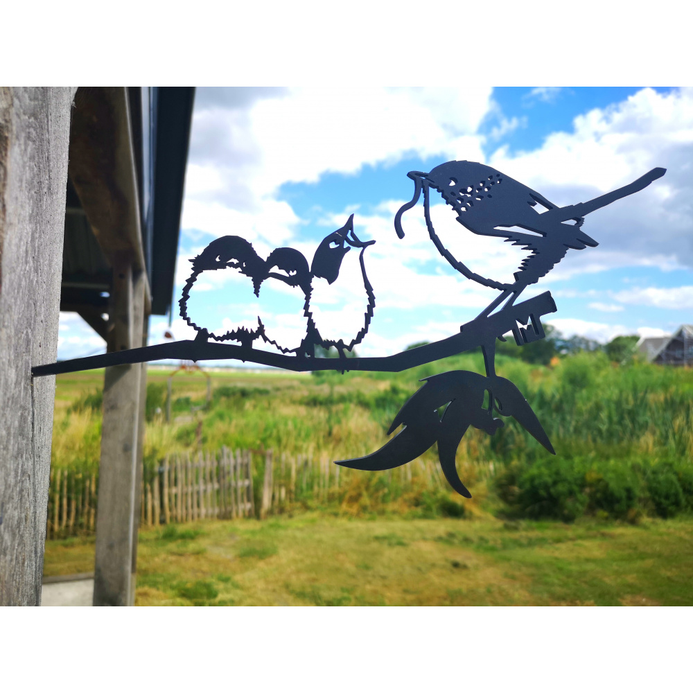 Metalbird fågel i cortenstål - gärdsmyg m. ungar - Bild 2